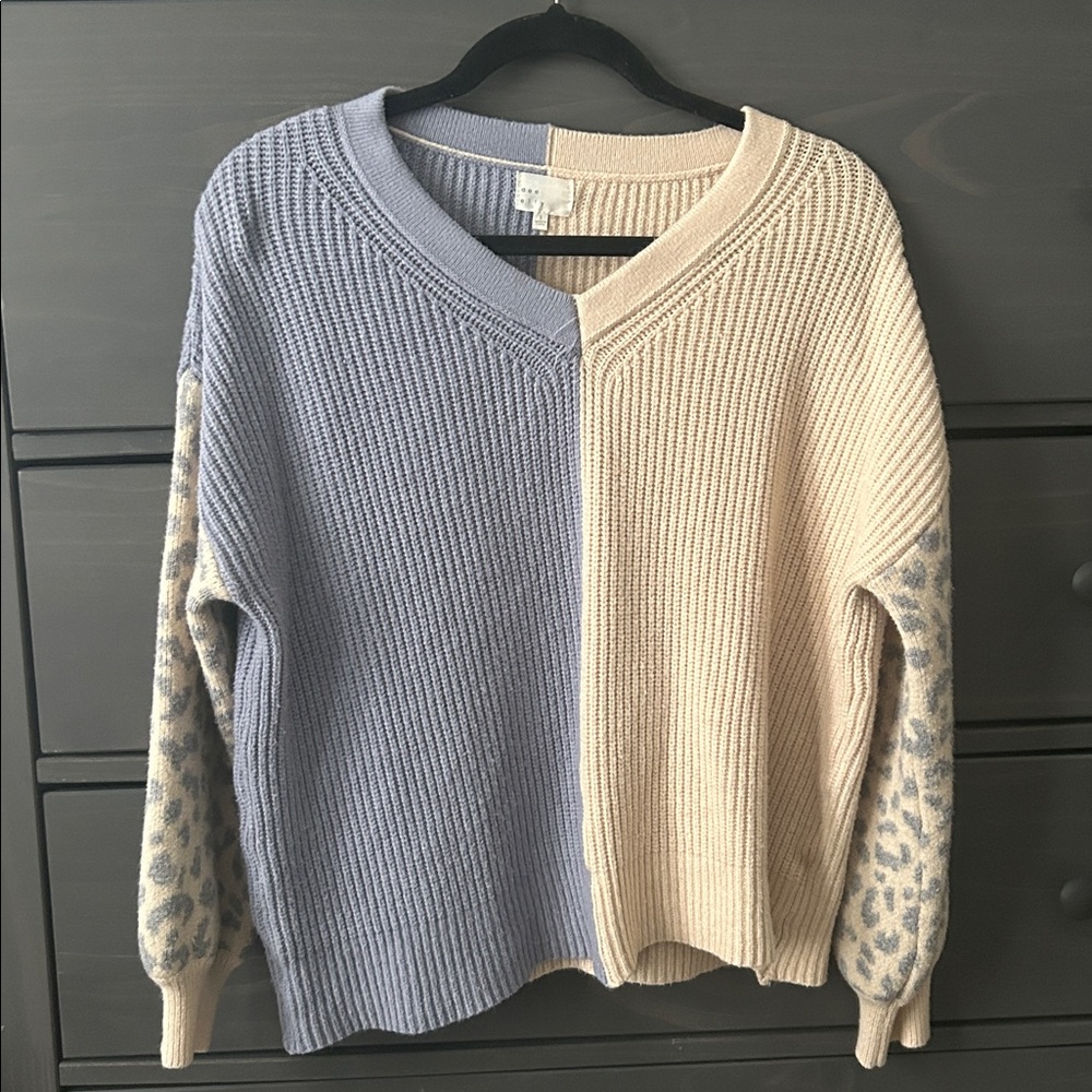 Colorblock Sweater with Leopard Sleeves